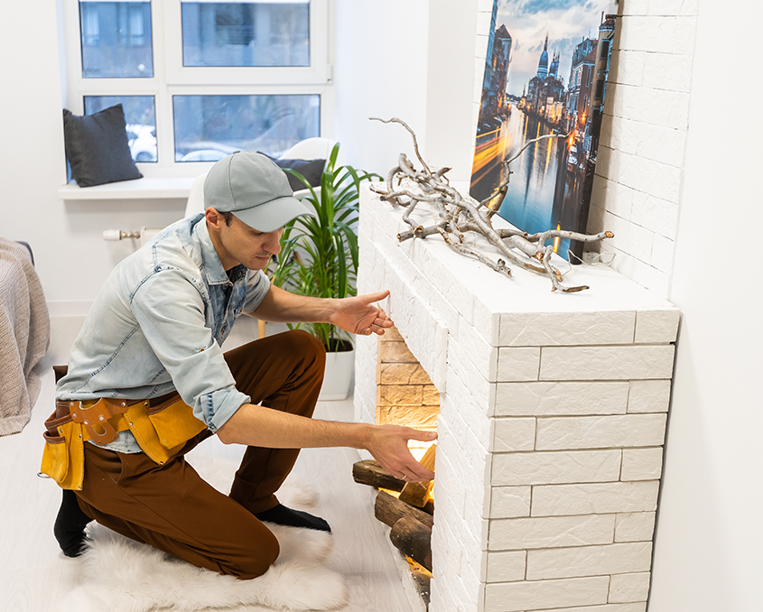 Service technician repairing a fireplace in a home