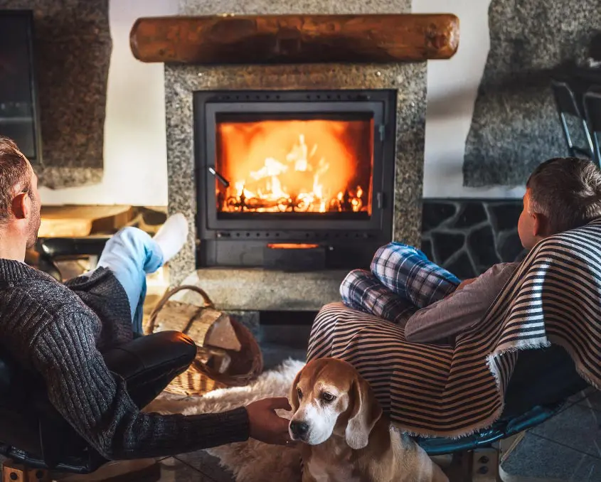 Father with son sitting in comfortable armchairs in their cozy country house near fireplace